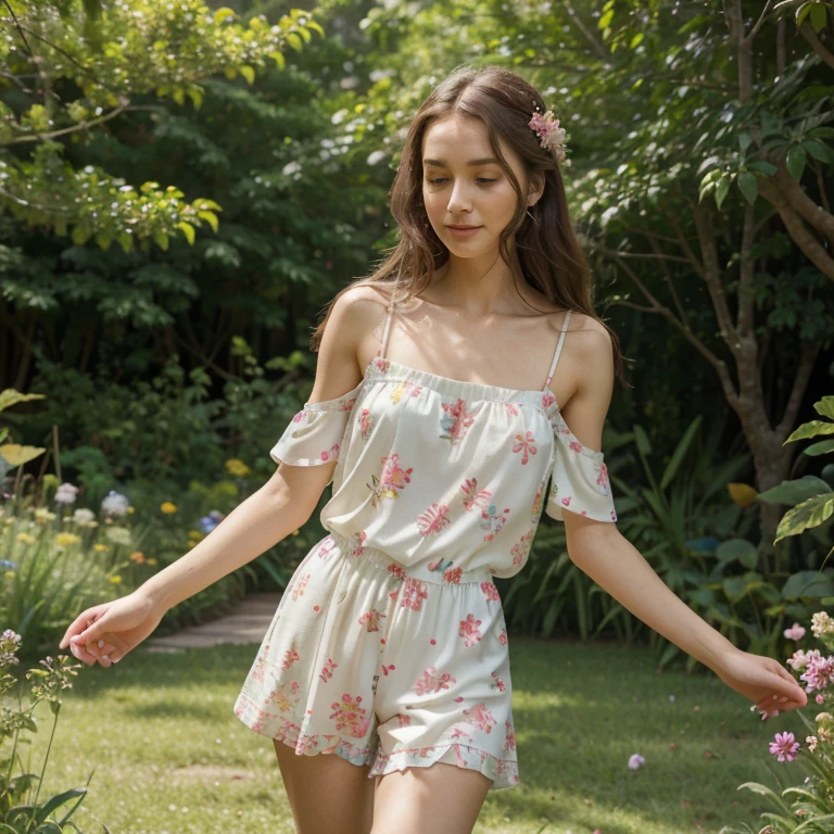 Thin girl wearing pink Playful romper with vibrant patterns,soft sunlight filtering through lush green leaves,natural garden setting,serene and peaceful atmosphere, elegant and graceful movements,joyful and carefree expression,subtle smile on her face,flowing brown hair gently swaying in the breeze,faint scent of blooming flowers in the air,sparkling dewdrops on the grass,soft and comfortable fabric of the romper,kaleidoscope of colors in the patterns,crisp and vibrant hues,bright reds, sunny yellows, lively blues,playful polka dots and floral motifs,detailed embroidery and intricate designs,meticulously handcrafted with love and care,skinny straps and off-shoulder style showcasing the delicate collarbones and shoulders,pleated shorts accentuating the slender legs, surrounded by blooming flowers and lush foliage,faint whispers of birds chirping and leaves rustling,crystal-clear blue sky overhead,creating a harmonious and enchanting scene,(best quality,4k,8k,highres,masterpiece:1.2),ultra-detailed,photorealistic rendering,professional digital artistry,meticulous attention to every detail,vivid and realistic colors,soft and natural lighting,illuminating every delicate feature of the girl and her surroundings,embracing the essence of summer joy and natural beauty.