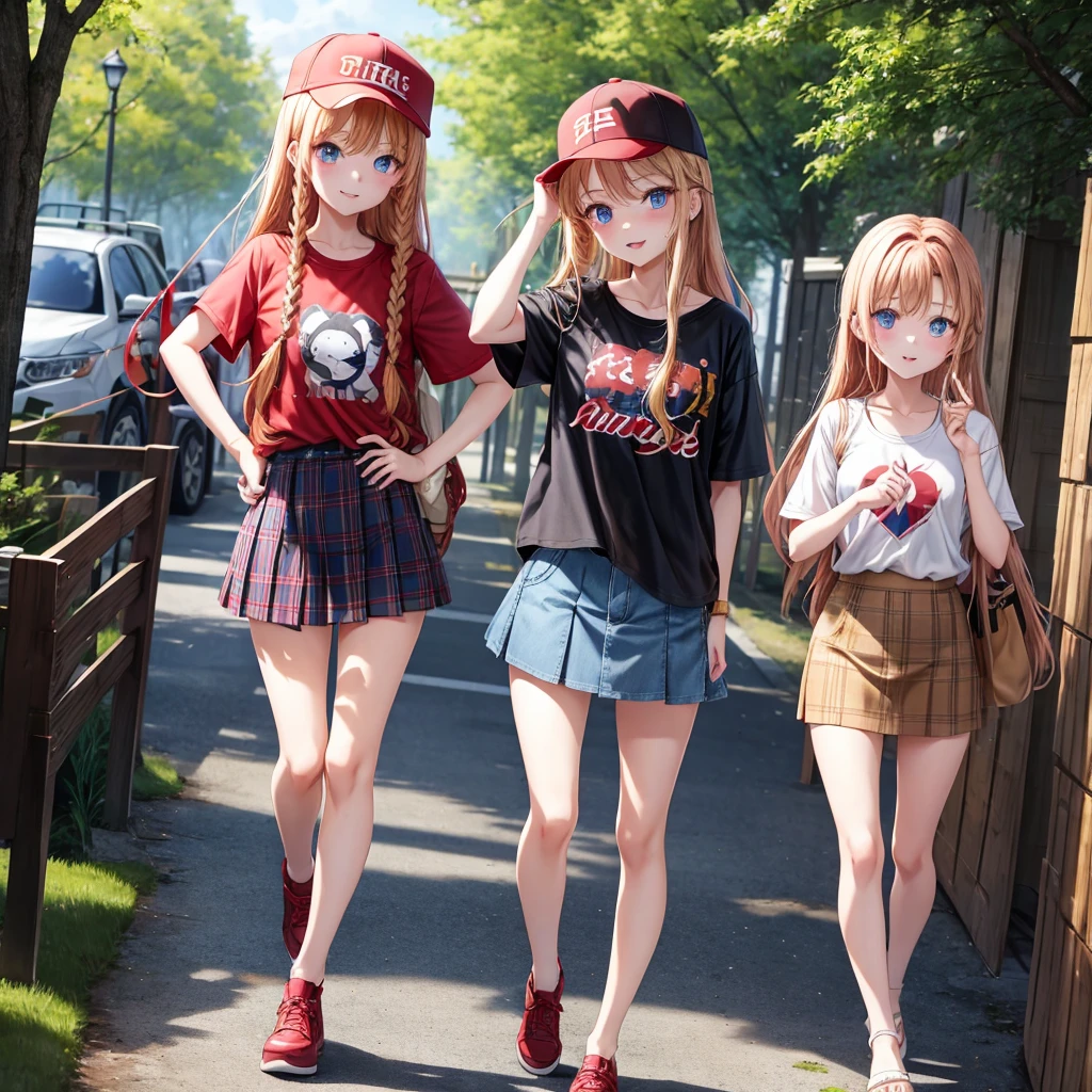 red blonde、blue eyess、Braids、one good looking girl、独奏、animesque、Plaid miniskirt、Black T-shirt、camisole、the woods、Sunlight、Wearing a plaid baseball cap、bare-legged、Tilting your face、Walking、Hands on hips、One hand is raised