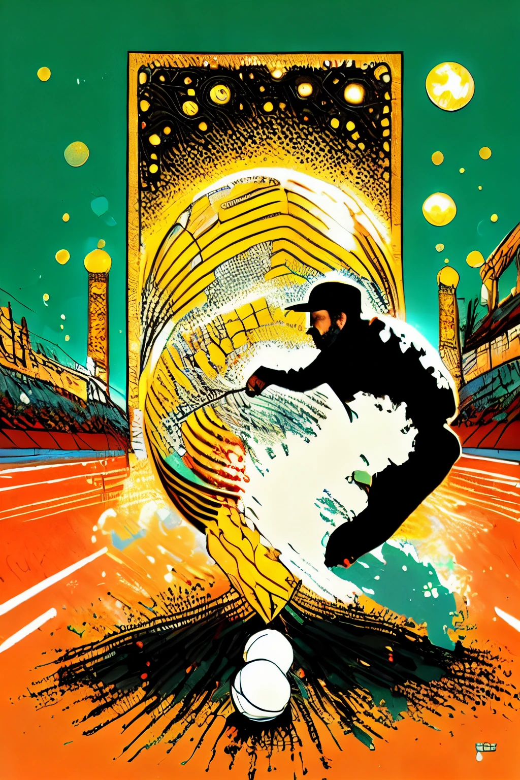 Affiche de style vectoriel Van Gogh (match de tennis , joueurs avec raquette de tennis à la main qui lance la balle jaune en l'air sur terrain de tennis cours Rolland Garros) confondu avec l'eau de la Seine, un pont derrière et la Tour Eiffel au loin  ; peinture naturalisme impressionniste pointillisme couleurs vives avec du contraste, Proche de la perfection, dynamique, journée ensoleillée, très détaillé, Peinture à l&#39;aquarelle Vincent Van Gogh, illustration, illustrations de Van Gogh, match de tennis joueurs avec raquette de tennis faisant un service qui lance la balle jaune en l'air sur terrain de tennis en terre battue cours Rolland Garros avec pont de Paris, fleuve la Seine avec un pont derrière et la Tour Eiffel au loin, selfie impressionniste pointillisme vue avec décorations lumineuses de Noël avec le style impressionniste naturalisme pointillisme Klimt Paris estival , dominante  couleur ocre