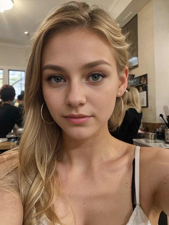 Photo of a 20 year old blonde woman, that has a very natural face, thin lips, thin eyes, thin eyebrows, thin nose, earrings, long eyelashes. She makes a cute selfie in a caffe
