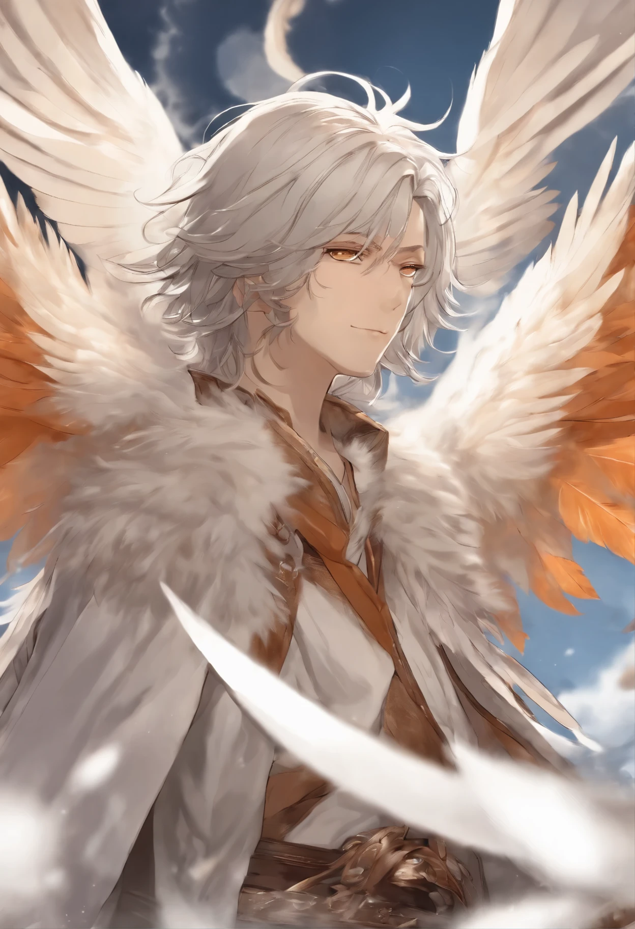Close-up of falling bird feathers,  Color (White, Brown, Orange,Gray, Colored)  spinning, fall with the clouds,  feather wind, fluffy clouds, casimir art, illustration of shigenori soejima, boris valejo.  Detailed drawing of an anime character, detailed anime key figure, Granblue Fantasy, Beautiful owl in demon slayer art, Taisho Roman, A clear portrait of an RPG, Masamune Shiro, anime key figure