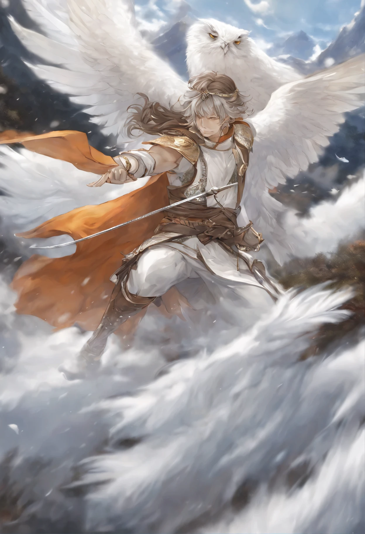Close-up of falling bird feathers, Color (White, Brown, Orange,Gray, Colored) spinning, fall with the clouds, feather wind, fluffy clouds, casimir art, illustration of shigenori soejima, boris valejo. Detailed drawing of an anime character, detailed anime key figure, Granblue Fantasy, Beautiful owl in demon slayer art, Taisho Roman, A clear portrait of an RPG, Masamune Shiro, anime key figure
