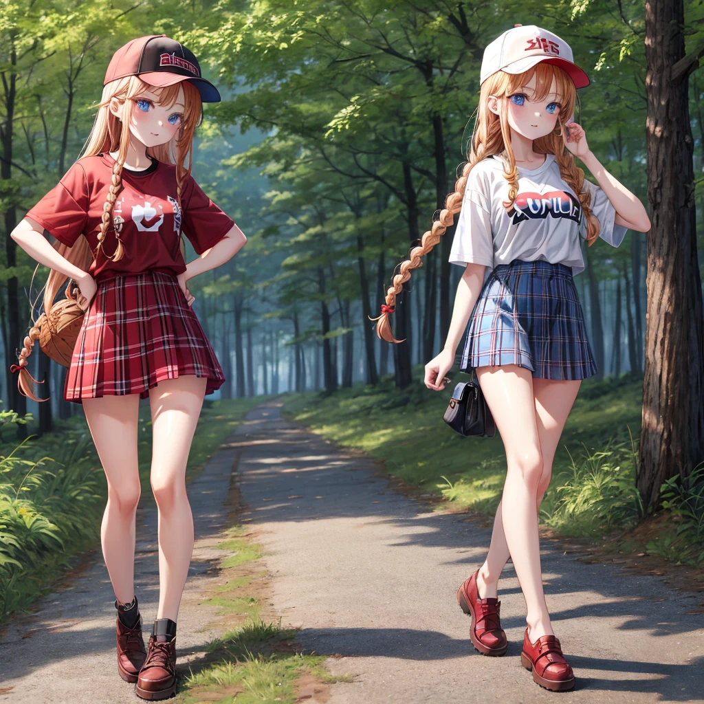 red blonde、blue eyess、Braids、one good looking girl、独奏、animesque、Plaid miniskirt、Black T-shirt、camisole、the woods、Sunlight、Wearing a plaid baseball cap、bare-legged、Tilting your face、Walking、Hands on hips、One hand is raised