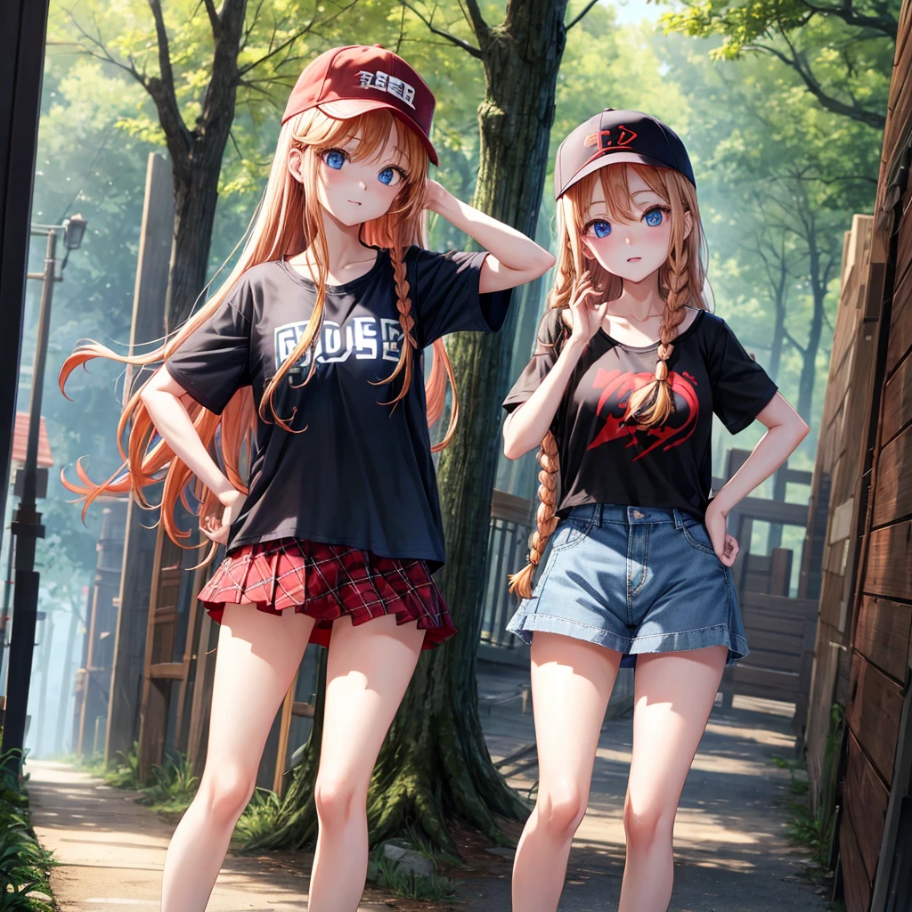 red blonde、blue eyess、Braids、one good looking girl、独奏、animesque、Plaid miniskirt、Black T-shirt、camisole、the woods、Sunlight、Wearing a plaid baseball cap、bare-legged、Tilting your face、Walking、Hands on hips、One hand is raised