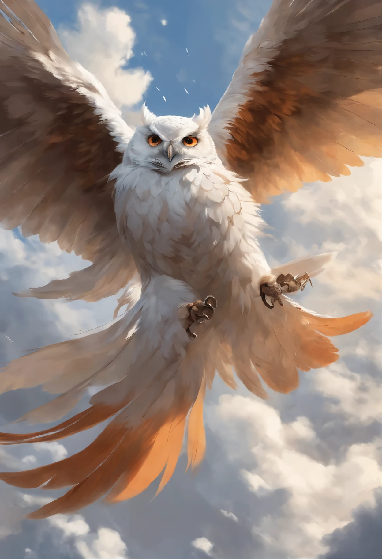 Close-up of falling bird feathers,  Color (White, Brown, Orange,Gray, Colored)  spinning, fall with the clouds,  feather wind, fluffy clouds, casimir art, illustration of shigenori soejima, boris valejo.  Detailed drawing of an anime character, detailed anime key figure, Granblue Fantasy, Beautiful owl in demon slayer art, Taisho Roman, A clear portrait of an RPG, Masamune Shiro, anime key figure