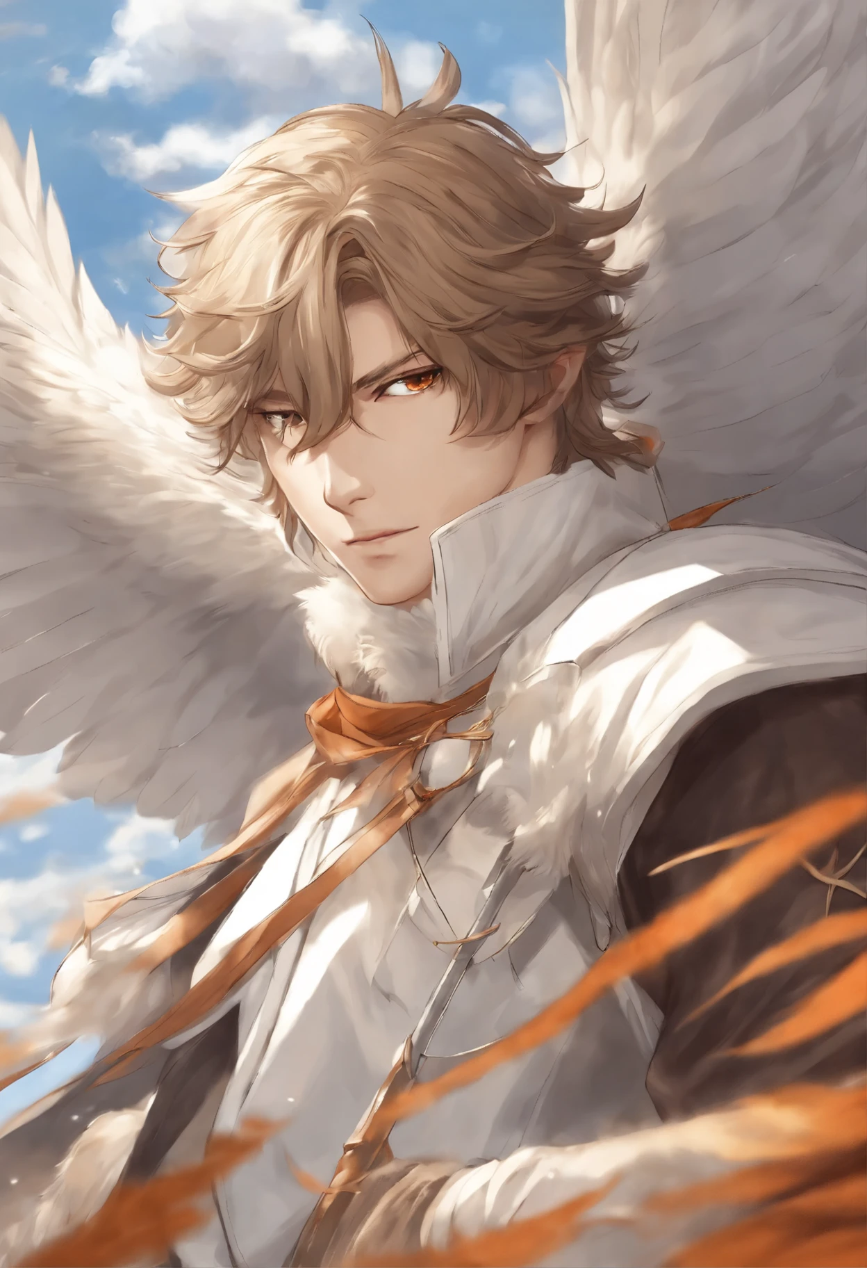 Close-up of falling bird feathers,  Color (White, Brown, Orange,Gray, Colored)  spinning, fall with the clouds,  feather wind, fluffy clouds, casimir art, illustration of shigenori soejima, boris valejo.  Detailed drawing of an anime character, detailed anime key figure, Granblue Fantasy, Beautiful owl in demon slayer art, Taisho Roman, A clear portrait of an RPG, Masamune Shiro, anime key figure