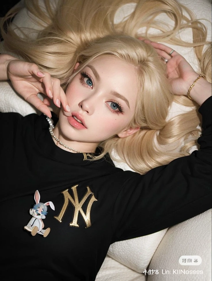 Blonde girl lying on the sofa in a baseball jersey, very pale blonde hair, ava max, very very pale blond hair, Portrait of Kim Petras, Rosanna Park BlackPink, perfect white haired girl, her hair is white, ultrarealistic sweet bunny girl, long blonde hair and big eyes, long blonde hair and big eyes, with long blond hair
