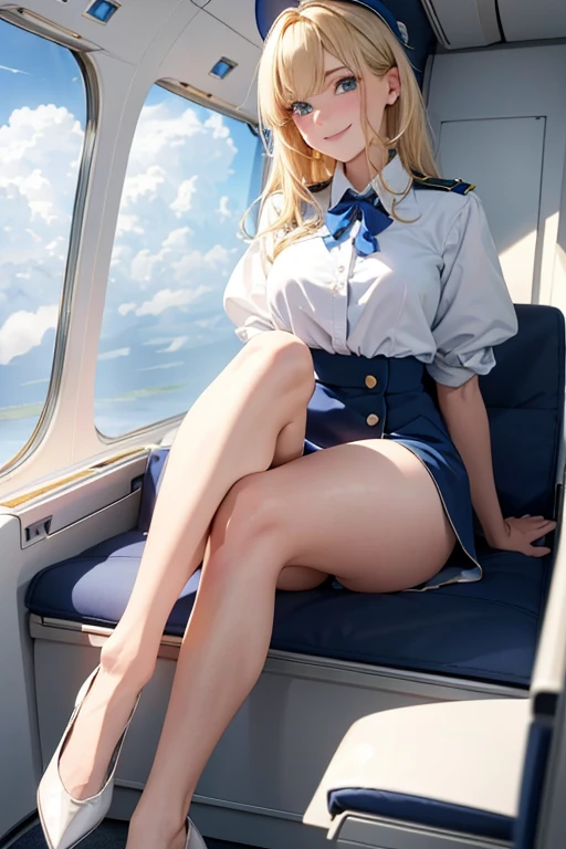 (premier quality、et 8K、32K、шедевр、nffsw、超High Resolution、impressionnisme、photoreallistic:1.2)、corps entier, (dans l'avion:1.4)、realistic shadow、visage magnifique、Dos flou、Belle fille de 、peau brillante, Beaux cheveux courts blonds、yeux bleus、gros seins, culotte blanche, chemisier bleu ouvert , bas、chaussures noires、un sourire、cuisses cuisses、