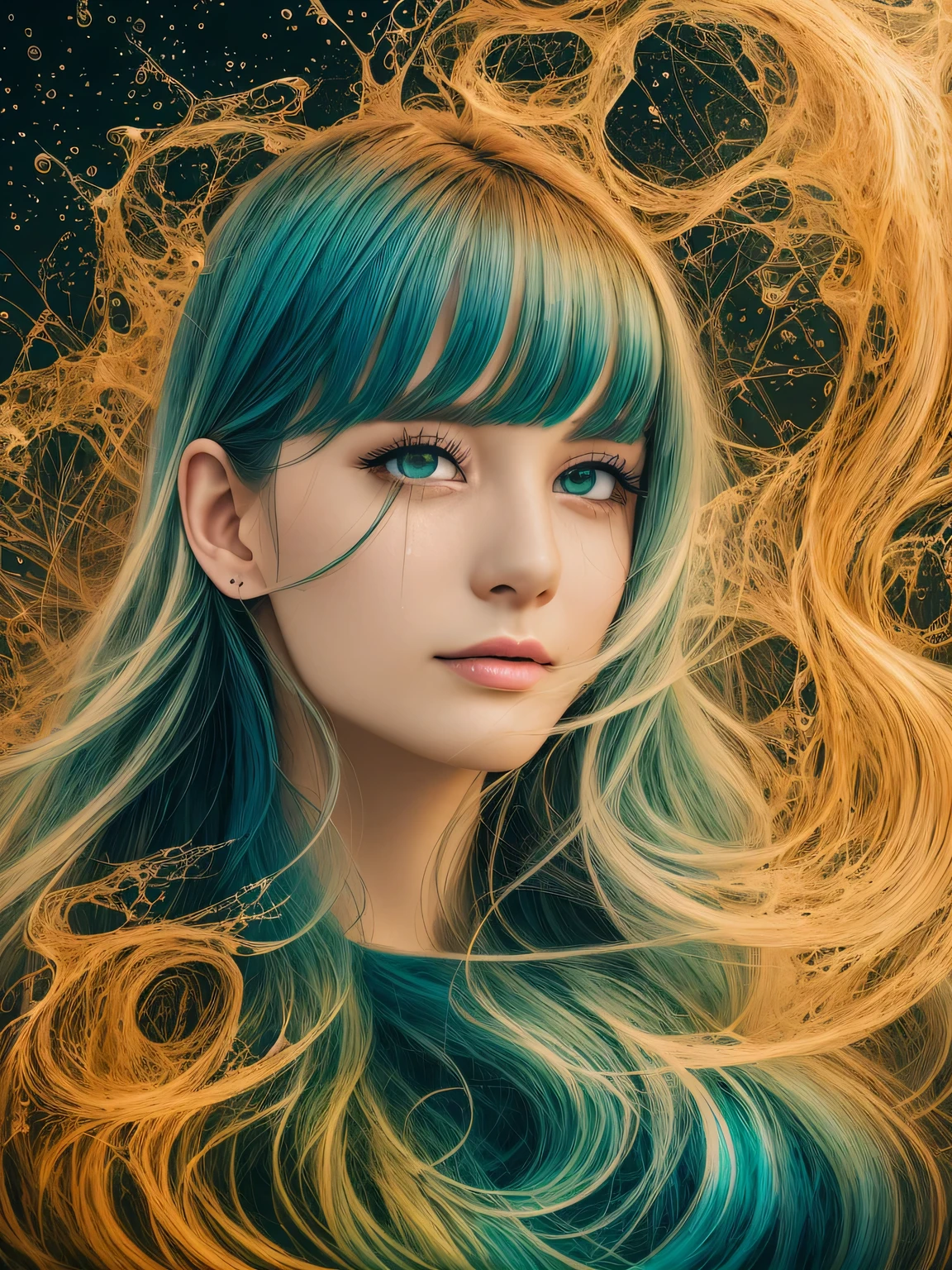 Green theme、The shadow of a crying girl appears from the shining clouds、美丽的面容、 (Detailed eyes, Eyes Like Gems, Sparkling eyes:1.1)、Spectacular views beyond imagination, glowing hearts, Tears, fear, flowing, Bioluminescent skin, Fractal Nebula Thread, iridescent, Rain, cosmic entities, celestial, cosmic, Transparent, Vibrant and vivid, swirls, Twirling, Unrealistic, High contrast, Symbolism, Magical, Mystical, mistic, hyper realisitic, Hypersaturated, colourfull, saddened, hopeless, heartbreak, Dark, sobbing