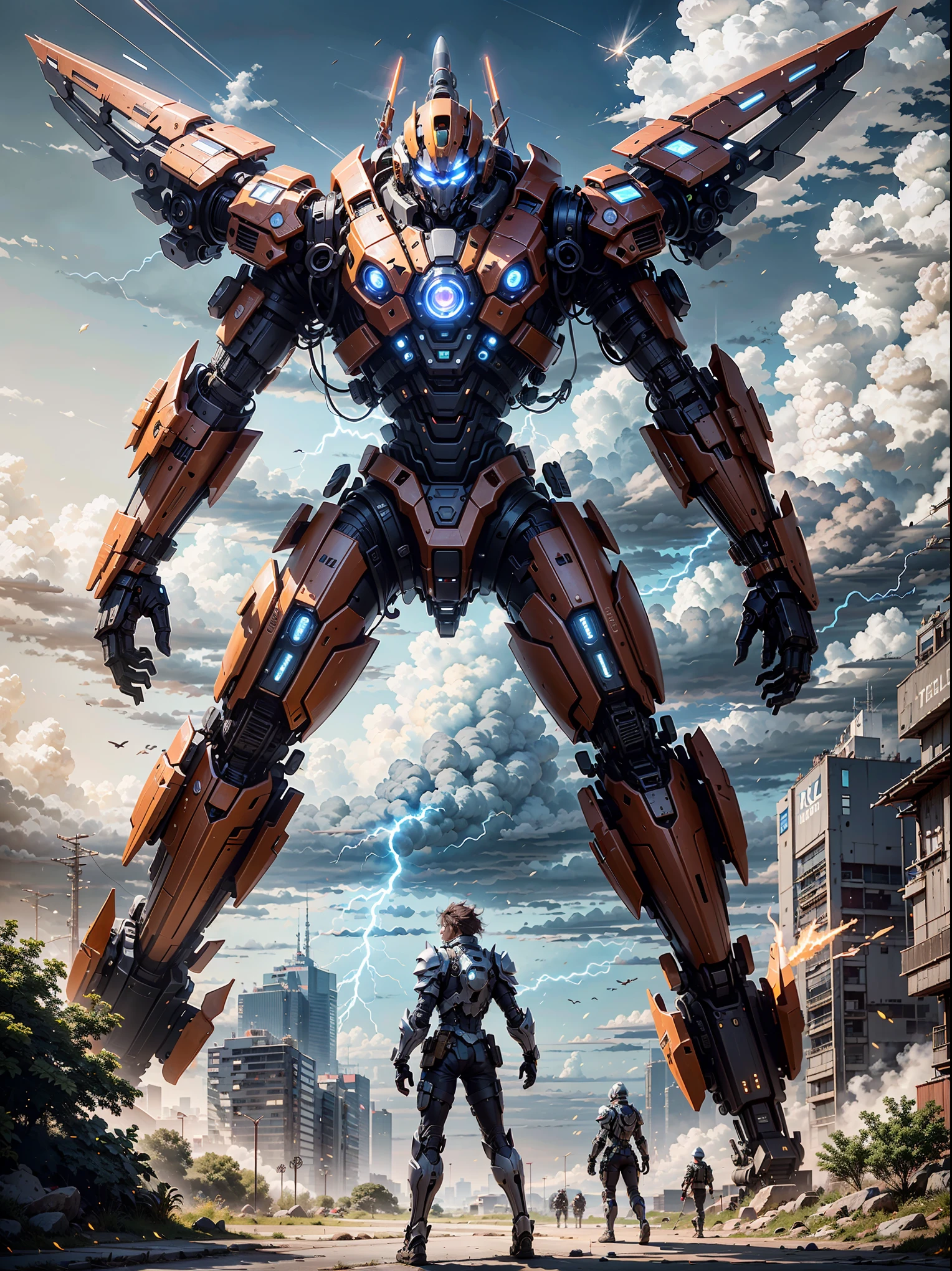 real photo futuristic soldier, and Its wing hand huge rocket. and red digital with LED light,and futuristic weapon on it's hand, flying beside the building with heavy shining plated armor in it body, and green lightning,red led light in it body,with the background destroy place and dark cloud,in the crowd soldier, far top side view 4K original quality photo