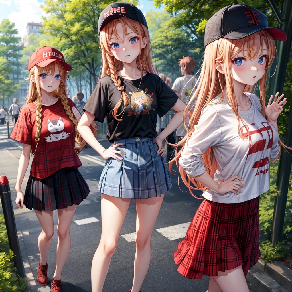 red blonde、blue eyess、Braids、one good looking girl、独奏、animesque、Plaid miniskirt、Black T-shirt、camisole、the woods、Sunlight、Wearing a plaid baseball cap、bare-legged、Tilting your face、Walking、Hands on hips、One hand is raised