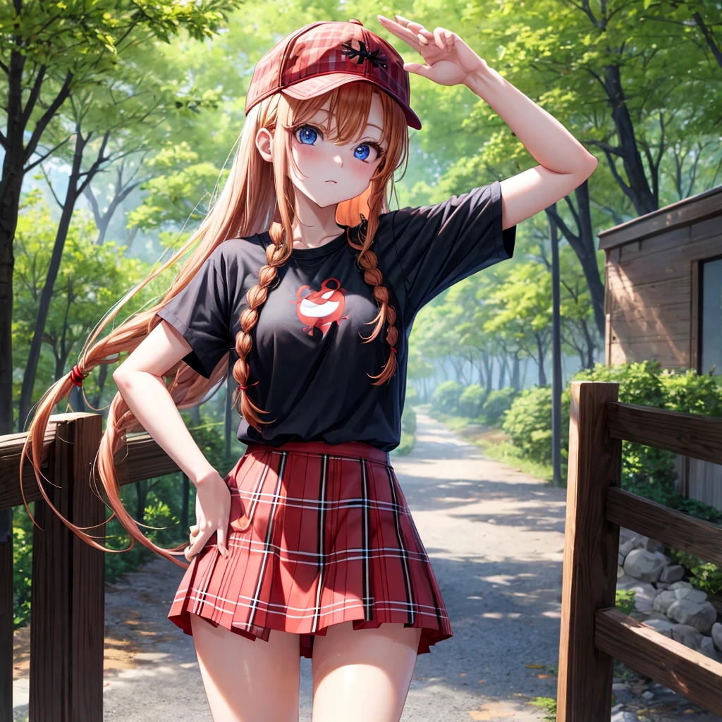red blonde、blue eyess、Braids、one good looking girl、独奏、animesque、Plaid miniskirt、Black T-shirt、camisole、the woods、Sunlight、Wearing a plaid baseball cap、bare-legged、Tilting your face、Walking、Hands on hips、One hand is raised
