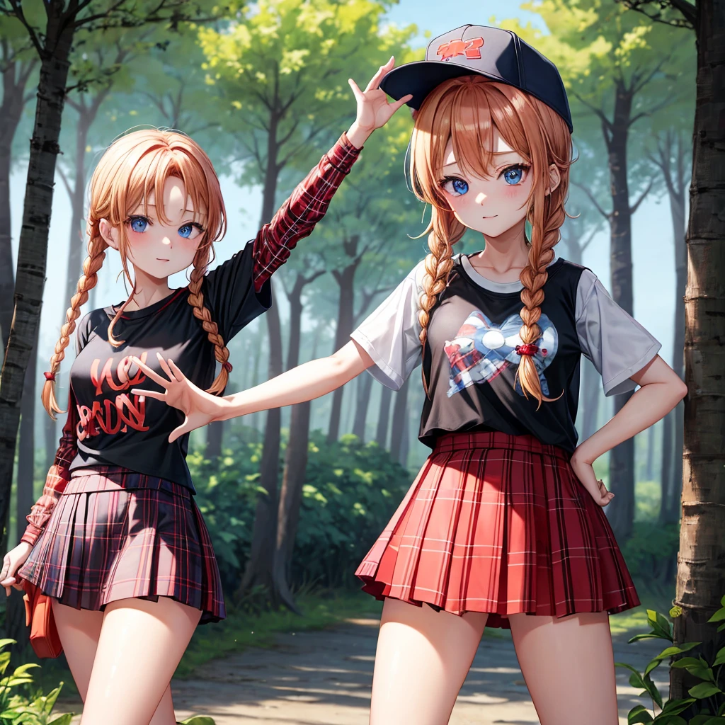 red blonde、blue eyess、Braids、one good looking girl、独奏、animesque、Plaid miniskirt、Black T-shirt、camisole、the woods、Sunlight、Wearing a plaid baseball cap、bare-legged、Tilting your face、Walking、Hands on hips、One hand is raised