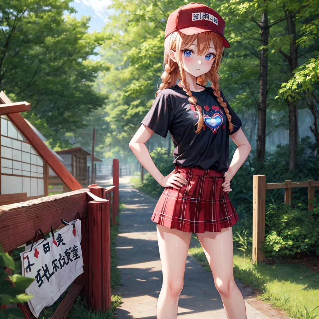 red blonde、blue eyess、Braids、one good looking girl、独奏、animesque、Plaid miniskirt、Black T-shirt、camisole、the woods、Sunlight、Wearing a plaid baseball cap、bare-legged、Tilting your face、Walking、Hands on hips、One hand is raised