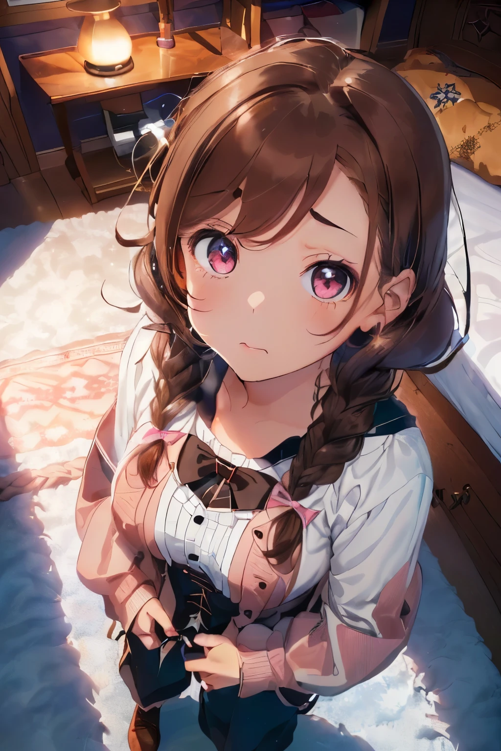 (Brown hair:1.5),(Braided shorthair:1.2),(Brown eyes:1.3),(With bangs),Slight red tide,(double sleeve long sleeve clothing:1.4),(corset 1.45),(shortpants:1.25),(A room at night with moonlight shining in:1.6),(Your eyes are shining like stars:1.5),(A man's room living alone:1.45),(simple men's room),(Fluffy carpet:1.35),(Eye size:1.7),(drooing eyes:1.65),(close up of face:1.35),(SM Play:1.4),(look up as if clinging to:1.45),(white, light blue, pink and black clothes),(Usamimi:1.45),
