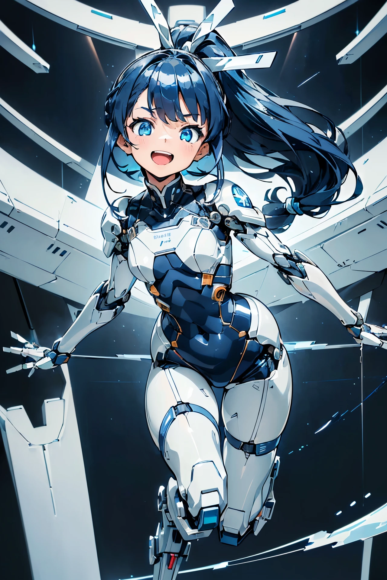 (((masterpiece))), (((Best Quality))), (((high quality))), (((beautiful))), (((8K))), (((highres))), (((absurdres))), (((exquisite))), (((Ultra high definition))), (((High resolution))), Girl Robot, (:1.4), (Gamine:1.5), (very detailed mechanics:1.4), Highly detailed eye depiction, (Streamlined body based on pure white1.4), White and navy blue pilot suit, White and navy blue tight-fitting clothing, White and navy blue shoulder cover clothes, White and navy blue shiny clothes, navy blue tight fit pants, White and navy blue thigh cover pants, (Super drooping eyes:1.4), (Machine body:1.4), (Mechanical joints:1.4), (Complex machinery visible through joints:1.4), (Cables and pipes visible from joints:1.4), (Dark blue hair ponytail:1.4), (A long pure white cloth ribbon waving in the wind tied into her hair.:1.4), mecha musume, Mechanical parts, Robot joints, Headgear,
(Mouth open:1.4), (I have my mouth wide open:1.4), (Laughing:1.4), (Laughing:1.3), (From Side:1.3), (Looking away:1.3), (walk with one arm raised high:1.4), (walk along the ship's aisle:1.4), (A few passers-by:1.4), (Raise one arm to greet passersby:1.4), (Greet with one arm raised high:1.310)
