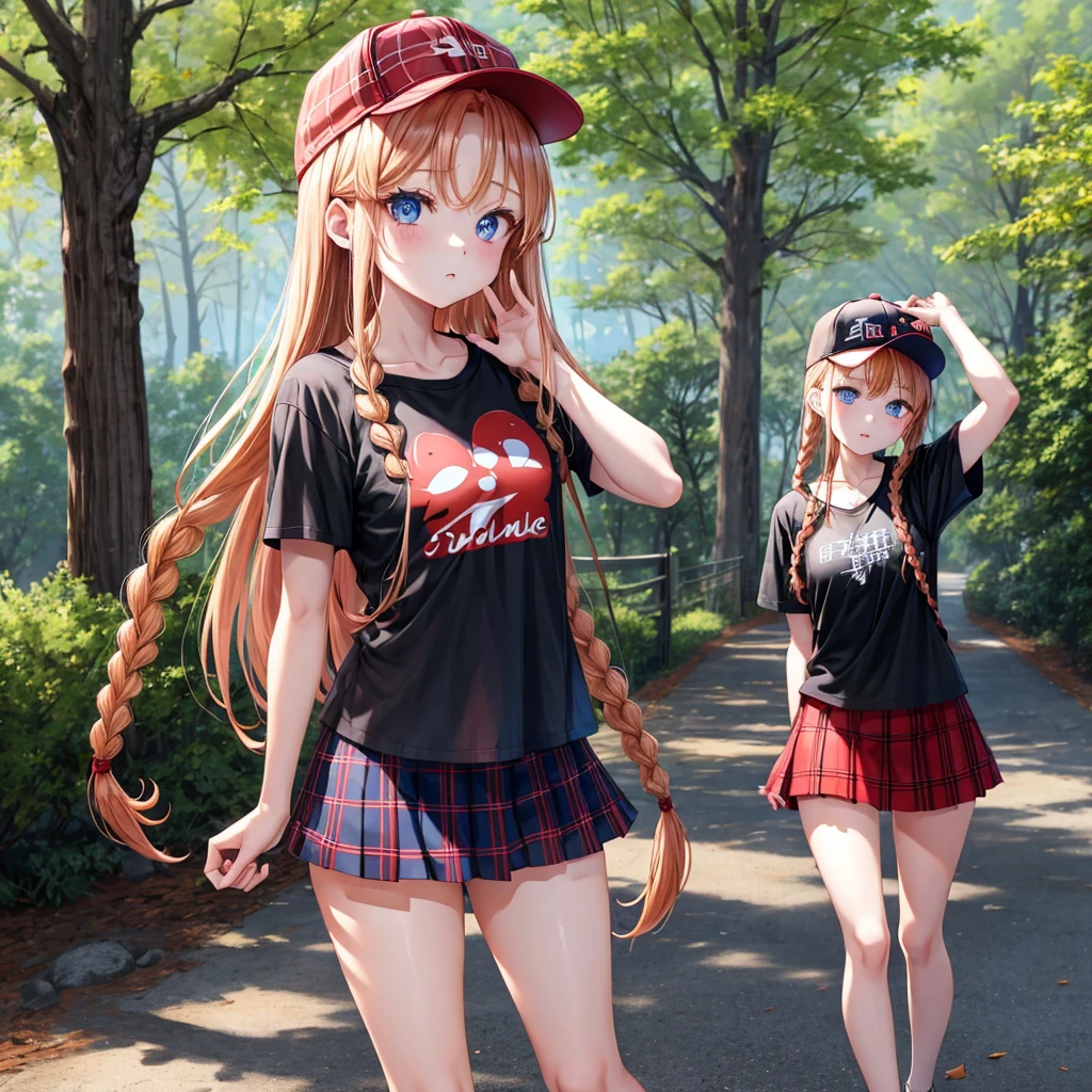 red blonde、blue eyess、Braids、one good looking girl、独奏、animesque、Plaid miniskirt、Black T-shirt、camisole、the woods、Sunlight、Wearing a plaid baseball cap、bare-legged、Tilting your face、Walking、Hands on hips、One hand is raised