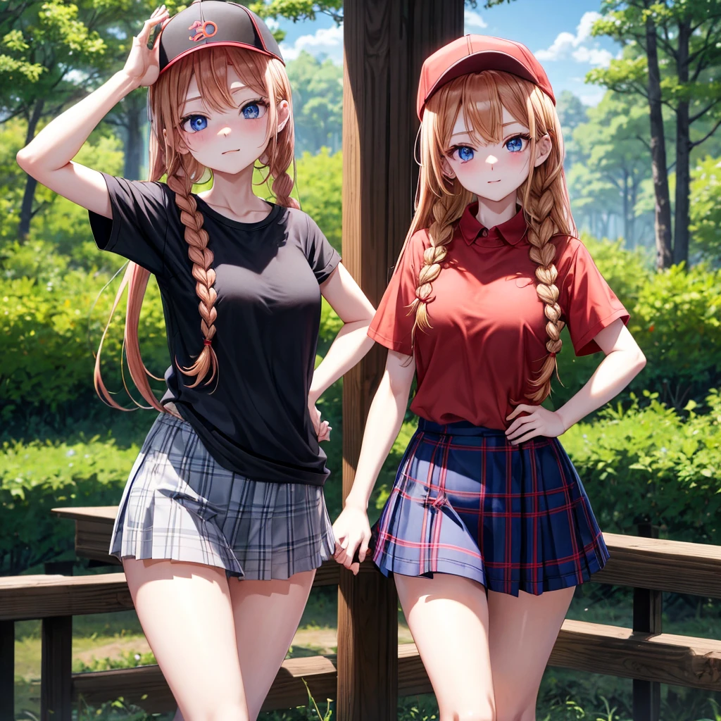 red blonde、blue eyess、Braids、one good looking girl、独奏、animesque、Plaid miniskirt、Black T-shirt、camisole、the woods、Sunlight、Wearing a plaid baseball cap、bare-legged、Tilting your face、Walking、Hands on hips、One hand is raised