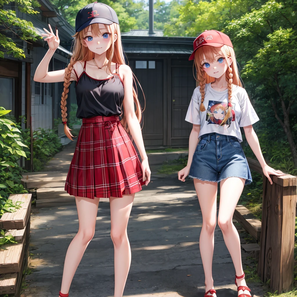 red blonde、blue eyess、Braids、one good looking girl、独奏、animesque、Plaid miniskirt、Black T-shirt、camisole、the woods、Sunlight、Wearing a plaid baseball cap、bare-legged、Tilting your face、Walking、Hands on hips、One hand is raised