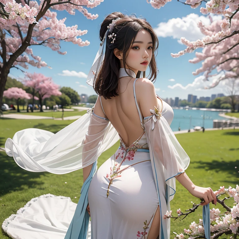 with blue sky and white clouds,Under the trees(Petals under the cherry blossom tree、Sakura NS、cherry tree、Sakura Blizzard 1.5),pond side,three-dimensional silhouette、Delicatemakeup,plump hanfu woman,Embroidery material,Expose shoulders and back,Beautiful woman wearing sexy revealing hanfu,Beautiful back,Beautiful back,Belly down,Upper body lying on the grass, Exposes the thighs and buttocks,lying on the grass ground,with her hips raised,Open the gluteal muscles of the buttocks,Thin and transparent Hanfu,The complexion is shiny,Sexy Hanfu clothing,Extravagant headwear,Thin and transparent Hanfu,Camel toes(quality, 8K)), Focus Clear:1.2, (Layered pruning, The large:1.2), (Beautiful woman with perfect figure:1.4), (Beautiful elegant rear view:1.3), big chest and thin waist,open camel toe