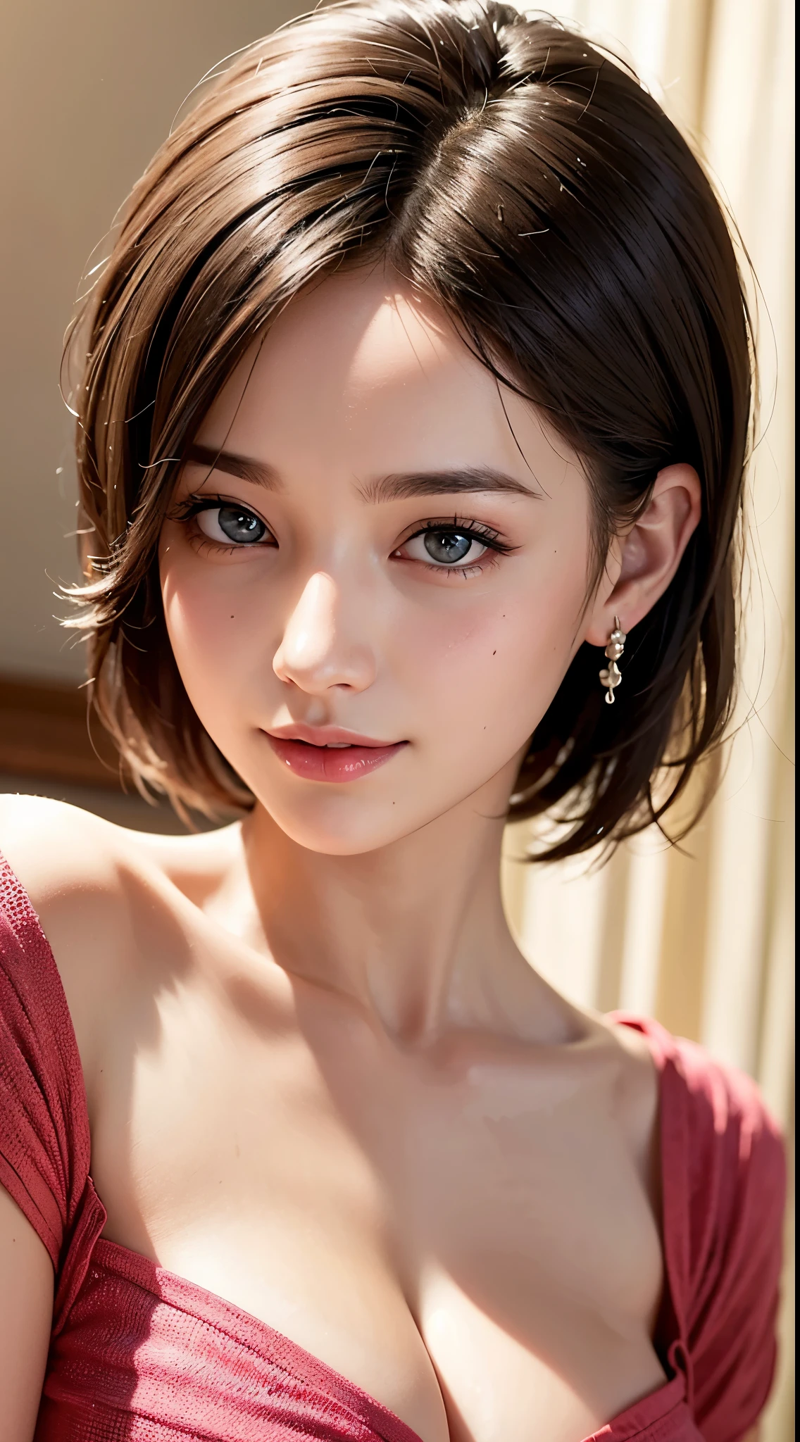 Best Quality, masutepiece, 超A high resolution, (Photorealistic:1.4), Raw photo, 1girl in, kｰpop idol, short-hair, Indoor, Summer noon,Detailed eyes,(realisticeyes),delicated face,realskin,detailed hairs,Detailed skin,Beautiful face,Smiling、((Beautiful hair ornament))、