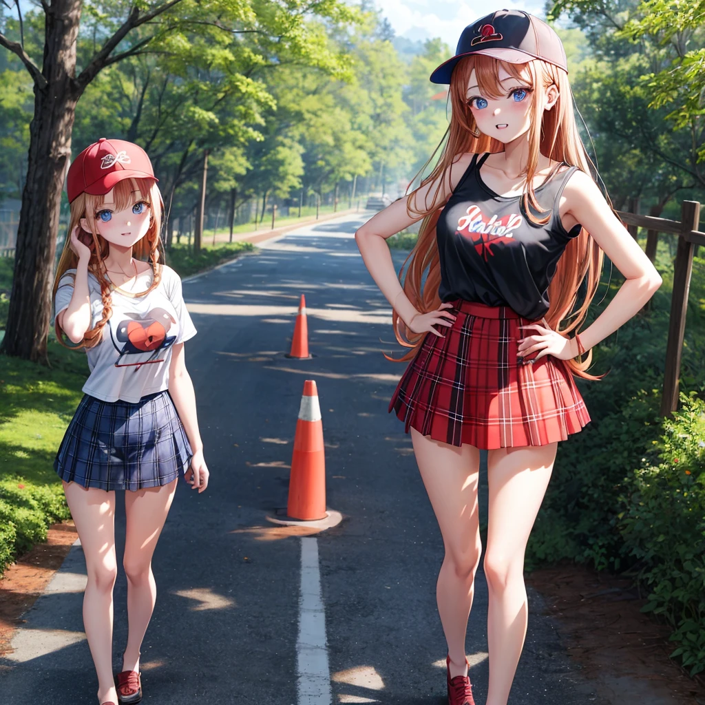 red blonde、blue eyess、Braids、one good looking girl、独奏、animesque、Plaid miniskirt、Black T-shirt、camisole、the woods、Sunlight、Wearing a plaid baseball cap、bare-legged、Tilting your face、Walking、Hands on hips、One hand is raised
