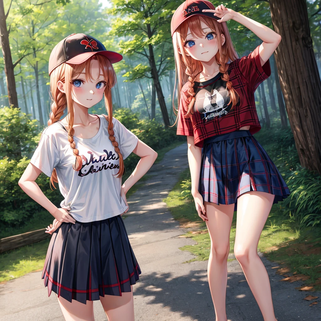 red blonde、blue eyess、Braids、one good looking girl、独奏、animesque、Plaid miniskirt、Black T-shirt、camisole、the woods、Sunlight、Wearing a plaid baseball cap、bare-legged、Tilting your face、Walking、Hands on hips、One hand is raised