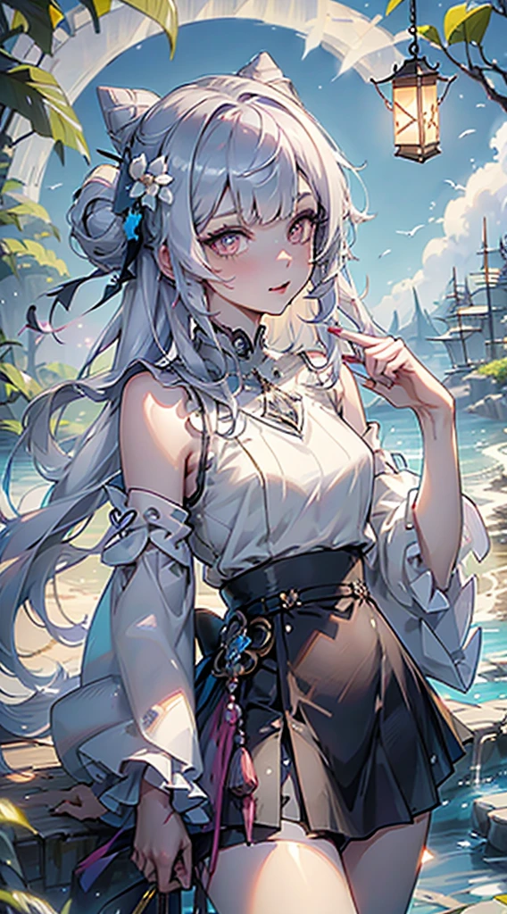 (Realistic painting style:0.9), tmasterpiece, Best quality, Ridiculous resources, looking at viewert, Alone, guest secretary (lantern ceremony) (genshin impact), guest secretary (genshin impact), hair-bun, a skirt, 围巾, purple Sweaters, white a skirt, Purple colored hair, Sweaters, dual horsetail, a purple eye, diamond-shaped pupils, hair adornments, shoulder, ssmile, , cone hair-bun, Long gray hair, obi strip, twice as good, longer sleeves, through bangs, the bow, hairflower, hair the bow,ribbons, hair ribbons, woven, What about the lattice 围巾, What about the lattice, cropped shoulders