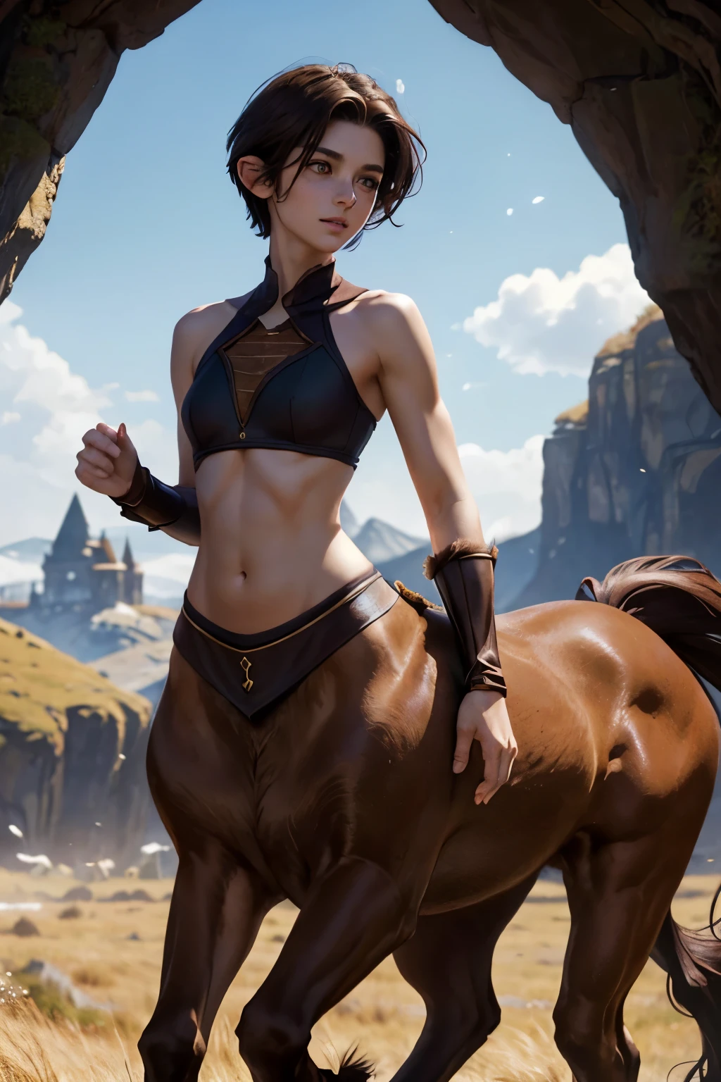 A young androgynous female centaur. Fantasy setting. Very short hair. Short manly haircut. Dark-brown hair with a undercut. Very pale skin with freckles and liverspots. Round soft face. Round soft chin. Round soft cheeks. Curved lips. Long wide nose. Dark brown eyecolour. Upturned eyes. Very thin barely visible eyebrows. Long neck. Slim. Small chest. Centaur under body. Brown fur. Running. Looking happy. Tomboyish. Wearing a black medieval fantasy bra. In An open field. Its winter but the sun is shining. Blue sky.