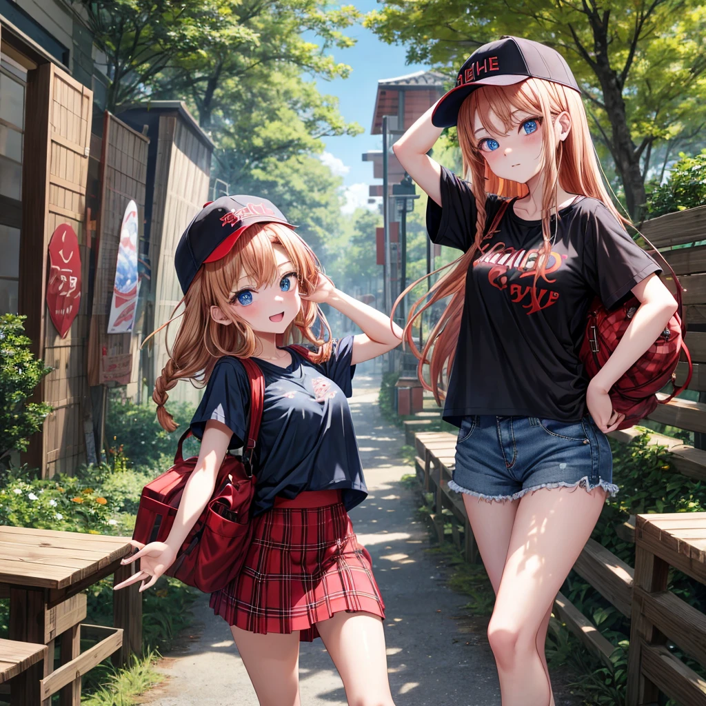 red blonde、blue eyess、Braids、one good looking girl、独奏、animesque、Plaid miniskirt、Black T-shirt、camisole、the woods、Sunlight、Wearing a plaid baseball cap、bare-legged、Tilting your face、Walking、Hands on hips、One hand is raised