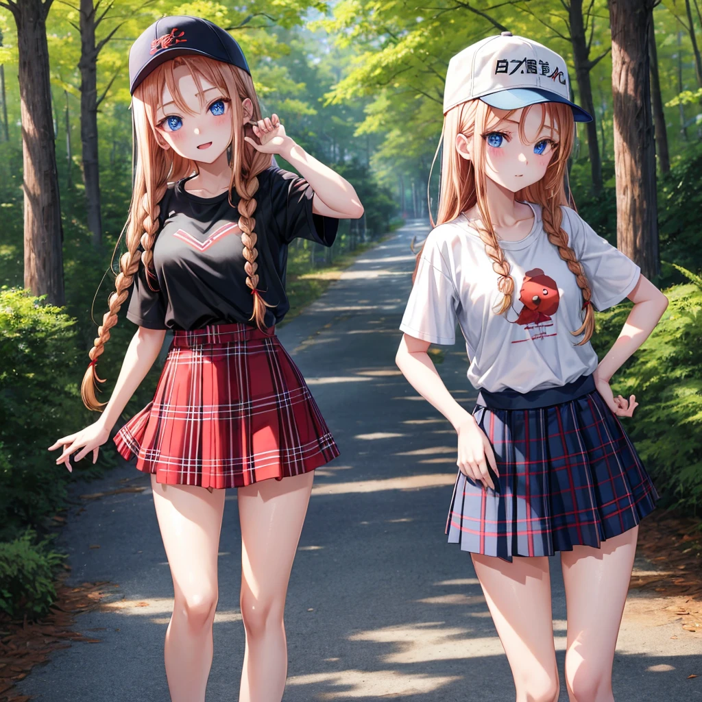 red blonde、blue eyess、Braids、one good looking girl、独奏、animesque、Plaid miniskirt、Black T-shirt、camisole、the woods、Sunlight、Wearing a plaid baseball cap、bare-legged、Tilting your face、Walking、Hands on hips、One hand is raised