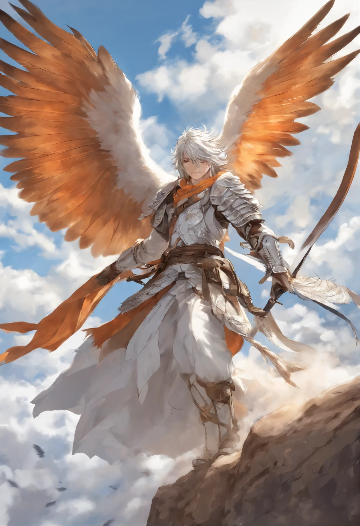 Close-up of falling bird feathers,  Color (White, Brown, Orange,Gray, Colored)  spinning, fall with the clouds,  feather wind, fluffy clouds, casimir art, illustration of shigenori soejima, boris valejo.  Detailed drawing of an anime character, detailed anime key figure, Granblue Fantasy, Beautiful owl in demon slayer art, Taisho Roman, A clear portrait of an RPG, Masamune Shiro, anime key figure