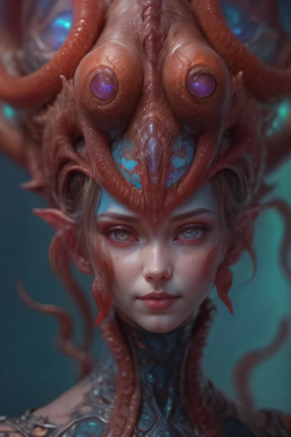 Portrait, (beautiful female alien:1.2), (There is a female genital-like organ in the middle of the forehead:1.8), (The most beautiful face in the history of the universe:1.2), (Scarlet eyes that shine mysteriously:1.6), (Translucent skin:1.8), an evil gaze that seduces, (red eyes:1.5), (large mouth:1.1), sharp teeth like a shark, Full body like, (bio luminescent:1.2), (Smile wickedly:1.3), (sexypose:1.5), alien, No humans, cells are fused, (Lots of translucent tentacles:1.1) (Translucent skin:1.3), extraterrestrial, cell, bio image, Best Quality, 8K,4K_quality, High Definition, Dramatic Lighting, masutepiece:1.5,cinematic quality, detail up, (Intricate details:1.2), High resolution, High Definition, drawing faithfully, (Thick eyebrows:1.2), Beautiful eyes with fine symmetry, (Ultra detailed eyes:1.2),(Highly detailed face and eyes:1.2), (High-resolution red-eye:1.4), Intimate face, (Super detailed skin quality feeling:1.4), Perfect Anatomy, (Beautiful toned body:1.5), (Moist skin:1.2), No makeup, (dark circles:1.1), long canines, cinematic drawing of characters, ultra high quality model, cinematic quality, detail up, (Intricate details:1.2), High resolution, High Definition, drawing faithfully, Official art, Unity 8K wall , 8K Portrait, Best Quality, Very High resolution, ultra detailed artistic photography, midnight aura, unreal enginee 5, Ultra Sharp Focus, art by alberto seveso, ArtGerm, Roisch, intricate artwork, best quality, masutepiece, ultra High resolution, (photos realistic:1.4), Ultra-realistic realism, dream-like, nautilus, Creation of fantasy, Snail, Dream Snail, biopunk nautilus, Thrilling color schemes, Ultra-realistic realism, seductively smiling, Blue tentacles, beautiful nipples, small breast