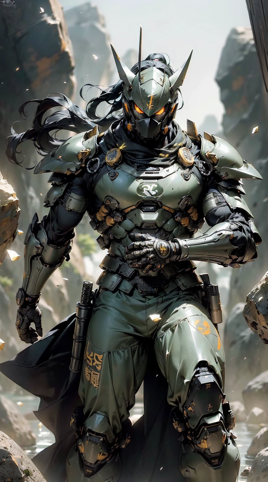 (masutepiece,Extremely detailed, Heavy mechs, hard surface),(concept art:1.1),(Armored Core Style:0.8), Batman wearing ninja robo armor is tying a seal,(full armor:1.4),(tactical ninja mask:1.5),(yellow body:1.1),(long legged:1.1),(Equipped with a sword on his back:1.3),(A detailed eye:1.3),(A detailed face:1.3),(Detailed weapons:1.3),(Detailed body:1.3),(In the background, rocks are floating in the air.:1.5),realisticlying