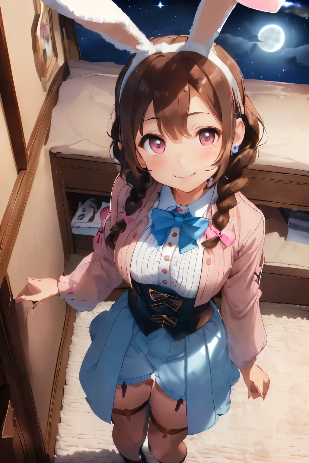 (Brown hair:1.5),(Braided shorthair:1.2),(Brown eyes:1.3),(With bangs),Slight red tide,(double sleeve long sleeve clothing:1.4),(corset 1.45),(shortpants:1.25),(A room at night with moonlight shining in:1.6),(Your eyes are shining like stars:1.5),(A man's room living alone:1.45),(simple men&#39;s room),(Fluffy carpet:1.35),(Eye size:1.7),(drooing eyes:1.65),(close up of face:1.35),(SM Play:1.4),(Look up with a gentle smile:1.45),(white, light blue, pink and black clothes),(Usamimi:1.45),(Rabbit ears:1.5)