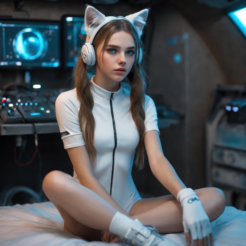 Russian girl,  sitting on a bed,  in a cyberpunk steel bunker with hatches etc.,  in the background. she is wearing white cats ears. She has twintail hairstyle.  girl,  slim petite,  smagirl,  beul breasts. Masterpiece,  8k,  4k,  high resolution,  dslr,  ultra quality,  sharp focus,  tack sharp,  dof,  film grain,  Fujifilm XT3,  crystal clear,  8K UHD,  highly detailed light blue eyes,  high detailed skin,  skin pores,  seductive,   look,  bewitching lady with beautiful long hair,  brown eyes,  full lips,  long legs,  lovely face wearing torn vaultsuit clothes. , realistic colors, realistic, photorealistic