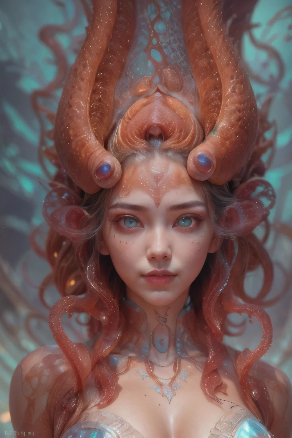 Portrait, (beautiful female alien:1.2),  (There is a female genital-like organ in the middle of the forehead:1.8), (The most beautiful face in the history of the universe:1.2), (Scarlet eyes that shine mysteriously:1.6), (Translucent skin:1.8), an evil gaze that seduces, (red eyes:1.5), (large mouth:1.1), sharp teeth like a shark, Full body like, (bio luminescent:1.2), (Smile wickedly:1.3),  (sexypose:1.5), alien, No humans, cells are fused, (Lots of translucent tentacles:1.1) (Translucent skin:1.3), extraterrestrial, cell, bio image, Best Quality, 8K,4K_quality, High Definition, Dramatic Lighting, masutepiece:1.5,cinematic quality, detail up, (Intricate details:1.2), High resolution, High Definition, drawing faithfully, (Thick eyebrows:1.2), Beautiful eyes with fine symmetry, (Ultra detailed eyes:1.2),(Highly detailed face and eyes:1.2), (High-resolution red-eye:1.4), Intimate face, (Super detailed skin quality feeling:1.4), Perfect Anatomy,  (Beautiful toned body:1.5),  (Moist skin:1.2), No makeup, (dark circles:1.1), long canines, cinematic drawing of characters, ultra high quality model, cinematic quality, detail up, (Intricate details:1.2), High resolution, High Definition, drawing faithfully, Official art, Unity 8K wall  , 8K Portrait, Best Quality, Very High resolution, ultra detailed artistic photography, midnight aura,  unreal enginee 5, Ultra Sharp Focus, art by alberto seveso, ArtGerm, Roisch, intricate artwork, best quality, masutepiece, ultra High resolution, (photos realistic:1.4), Ultra-realistic realism, dream-like, nautilus, Creation of fantasy, Snail, Dream Snail,  biopunk nautilus, Thrilling color schemes, Ultra-realistic realism, seductively smiling, Blue tentacles, small breast, (beautiful nipples:1.2),