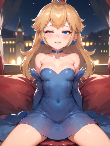 1girl in,Solo, (PrincessPeach), (PrincessPeach), (Blue Dress:1.2), A detailed eye, Blue eyes, Choker,heavy make-up, Glossy lips, Pink lips,Smirk ,Curve ,Windhip,Glossy skin,Oily skin,Beautiful light,Castles,Indoor,Cowboy Shot,close-up,Sitting,on balcony,Night,Covered,Spread legs,Half-closed eyes,blush
