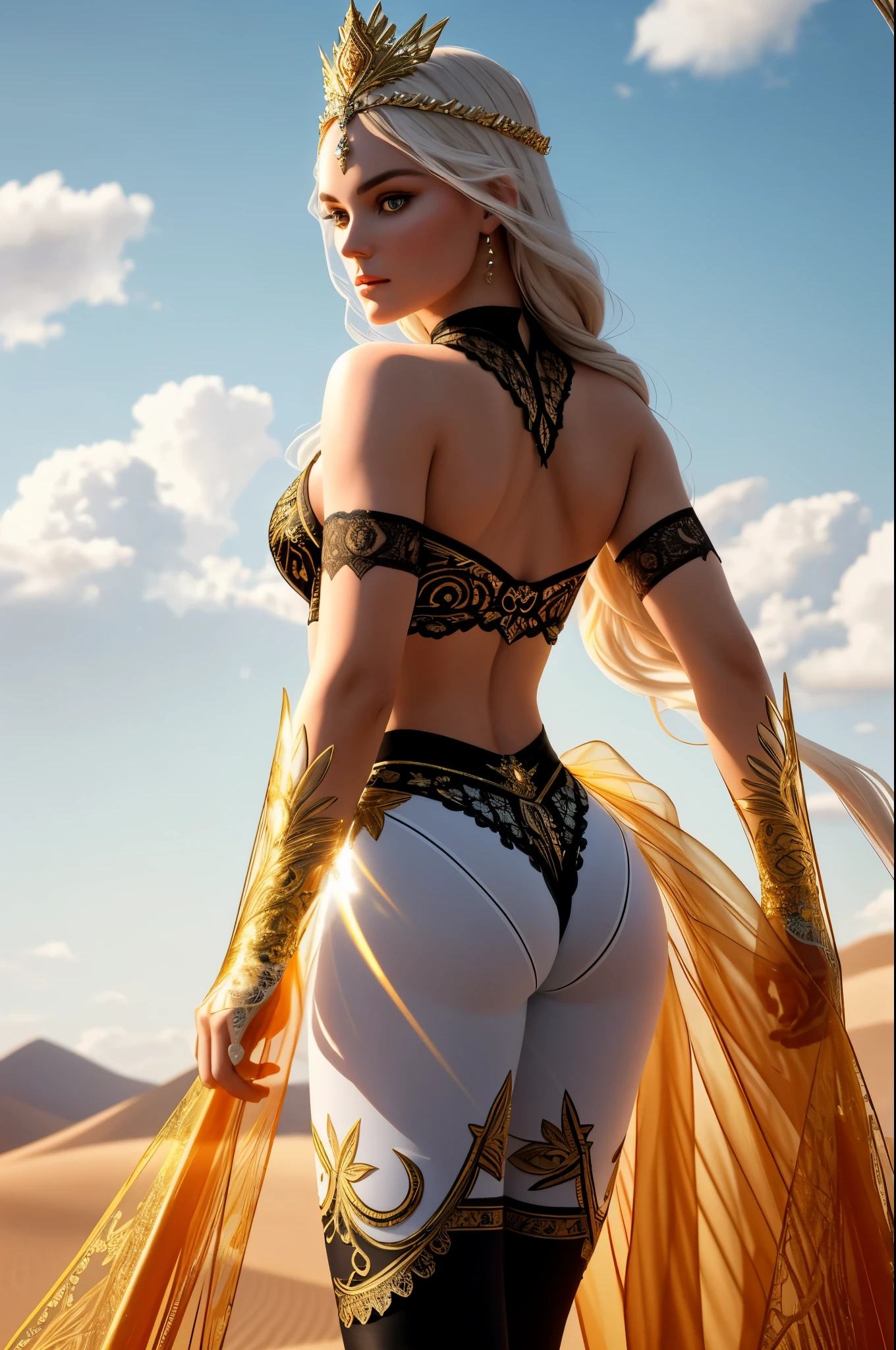 (Best Quality, 8K, Masterpiece, Ultra HD: 1.3, Ultra quality cinematic lighting, Huge detail, Well lit, 35mm, sharp, hyper realistic, epic scale, insane level of details, beautiful detailed girl, very detailed eyes and face, beautiful detailed eyes, ultra detailed skin, realistic skin), ({desert dunes|clouds}), Lindsey Vonn as a MYTHOLOGICAL DIVA in a golden crown, hair floating into the sky, stands with his back, camera films from behind, athletic , smoothly defined musculature, full body perspective, (light blue tights with complex intricate patterns and wide top with complex intricate lace), (gold matte bra with black complex intricate patterns)