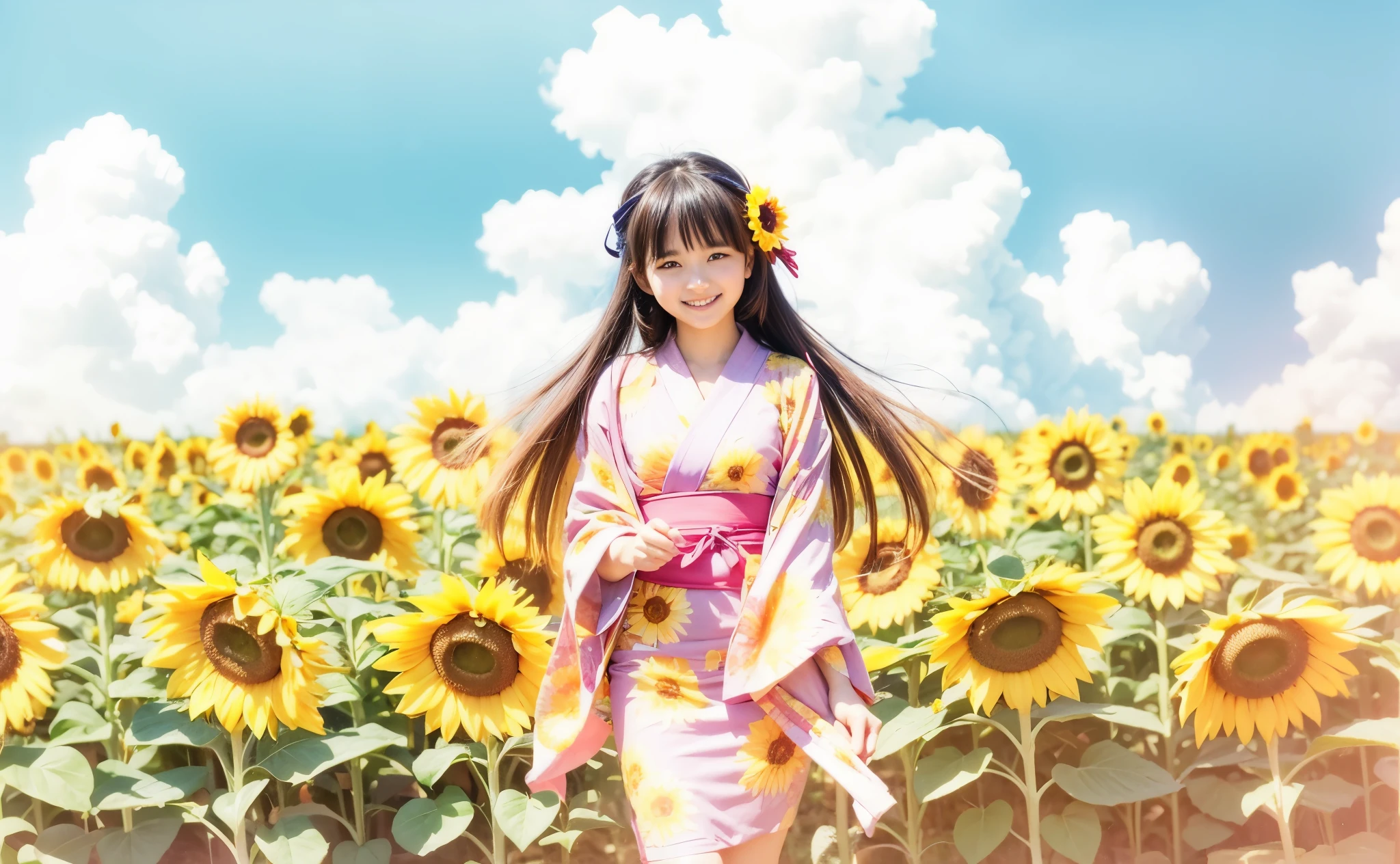 (Best Quality:1.2, 8k, photo realistic:1.4, Masterpiece:1.2, 135mm lens, super fine :1.2, caustics:1,2, back light, a beautiful girl, Highly Detailed face Textures, detailed beauty makeup, realistic skin, double eyelids, detailed bangs)), (((dirndl costume:1.2))),(sunflower headdress), (flower garden background), (chuckle), (brilliant shiny yellow and orange two-tone twin-tail hair), (ahoge), holding pizza, cowboy shot, wind, looking at viewer