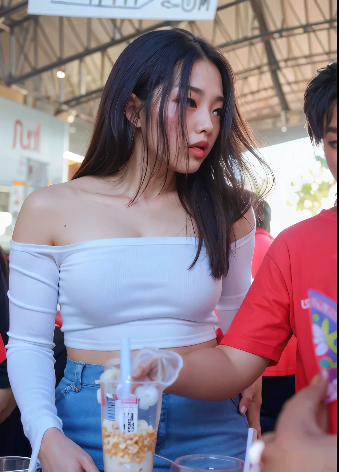 There was a woman standing in front of the table with a drink., wearing crop shirt, wearing crop shirtเซ็กซี่, Crop Top, wearing crop shirt, Look at her shoulder., wearing crop shirt, Straightforward shot., Her belly button was exposed., young asian girl, Wear a cute shirt., candid photo, wearing crop shirts, a young asian woman, Tight shirt, large boobs