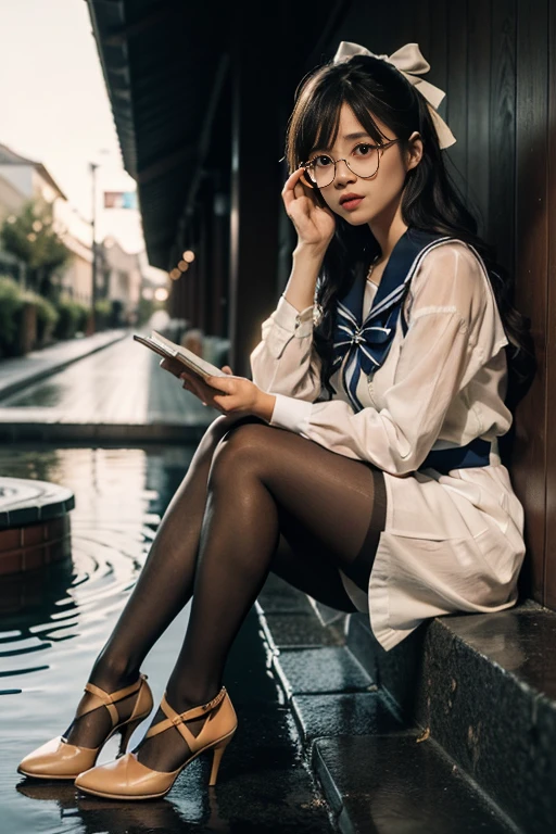 (full body:1.5)，(1girl:1.3),(view the viewer:1.4)，(anatomy correct:1.3),(Sitting in the hot spring:1.2),(He wears large glasses and holds a book in his hand:1.15),(shy:1.15)，(transparent Sailor dress with ribbons:1.2),(Tan Pantyhose:1.3),( Uniform high heels leather shoes with bows for female students:1.1)，(Accurate and perfect face:1.3),hyper HD, Ray traching, reflective light， structurally correct, Award-Awarded, high detail, lighten shade contrast, Face lighting ，cinematic lighting, masterpiece, super detailing, high quality, high detail, best quality, 16k，High contrast,