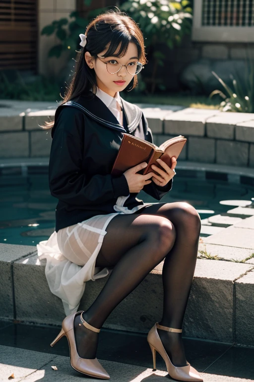 (full body:1.5),(1girl:1.3),(view the viewer:1.4),(anatomy correct:1.3),(Sitting in the hot spring:1.2),(He wears large glasses and holds a book in his hand:1.15),(shy:1.15),(transparent Sailor dress with ribbons:1.2),(Tan Pantyhose:1.3),( Uniform high heels leather shoes with bows for female students:1.1),(Accurate and perfect face:1.3),hyper HD, Ray traching, reflective light, structurally correct, Award-Awarded, high detail, lighten shade contrast, Face lighting ,cinematic lighting, masterpiece, super detailing, high quality, high detail, best quality, 16k,High contrast,