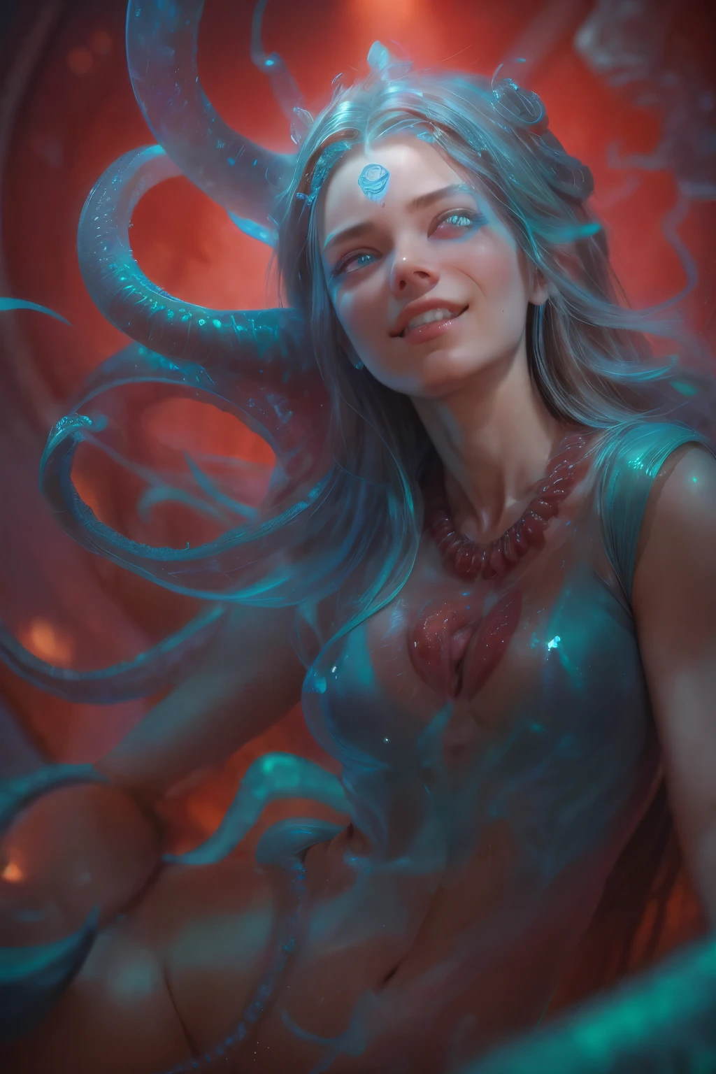 Portrait, (a beautiful female alien:1.2), (There is a female genital-like organ in the middle of the forehead:1.8), (The most beautiful face in the history of the universe:1.2), (Scarlet eyes that shine mysteriously:1.6), (Translucent skin:1.8), an evil gaze that seduces, (red eyes:1.5), (large mouth:1.1), sharp teeth like a shark, Full body like, (bio luminescent:1.2), (Smile wickedly:1.3), (sexypose:1.5), alien, No humans, cells are fused, (Lots of translucent tentacles:1.1) (Translucent skin:1.3), extraterrestrial, cell, bio image, Best Quality, 8K,4K_quality, High Definition, Dramatic Lighting, masutepiece:1.5,cinematic quality, detail up, (Intricate details:1.2), High resolution, High Definition, drawing faithfully, (Thick eyebrows:1.2), Beautiful eyes with fine symmetry, (Ultra detailed eyes:1.2),(Highly detailed face and eyes:1.2), (High-resolution red-eye:1.4), Intimate face, (Super detailed skin quality feeling:1.4), Perfect Anatomy, (Beautiful toned body:1.5), (Moist skin:1.2), No makeup, (dark circles:1.1), long canines, cinematic drawing of characters, ultra high quality model, cinematic quality, detail up, (Intricate details:1.2), High resolution, High Definition, drawing faithfully, Official art, Unity 8K wall , 8K Portrait, Best Quality, Very High resolution, ultra detailed artistic photography, midnight aura, unreal enginee 5, Ultra Sharp Focus, art by alberto seveso, ArtGerm, Roisch, intricate artwork, best quality, masutepiece, ultra High resolution, (photos realistic:1.4), Ultra-realistic realism, dream-like, nautilus, Creation of fantasy, Snail, Dream Snail, biopunk nautilus, Thrilling color schemes, Ultra-realistic realism, seductively smiling, Blue tentacles, beautiful nipples, small breast
