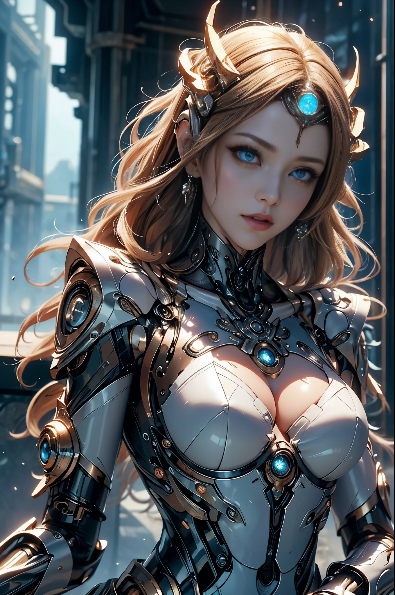intricate ornate anime cgi style, super detailed fantasy characters, 4K highly detailed digital art, karol bak uhd, cyborg goddess in cosmos, beautiful digital works of art, 2. 5 d cgi anime fantasy artwork, Goddess. extremely high detail, portrait of cyborg queen, extremely detailed goddess shot, Half body machine, Inorganic, Next generation high performance cyborg, Goddess of Machines, The perfect cyborg, ultimate replicant, A masterpiece created by ultra-high performance AI, Final weapon, Best Quality, Perfect Angle, perfect-composition, sharp outline, Best Shots, perfect shapes, perfect model style, Very beautiful and detailed eyes, Hollow eyes, blue eyes without pupils