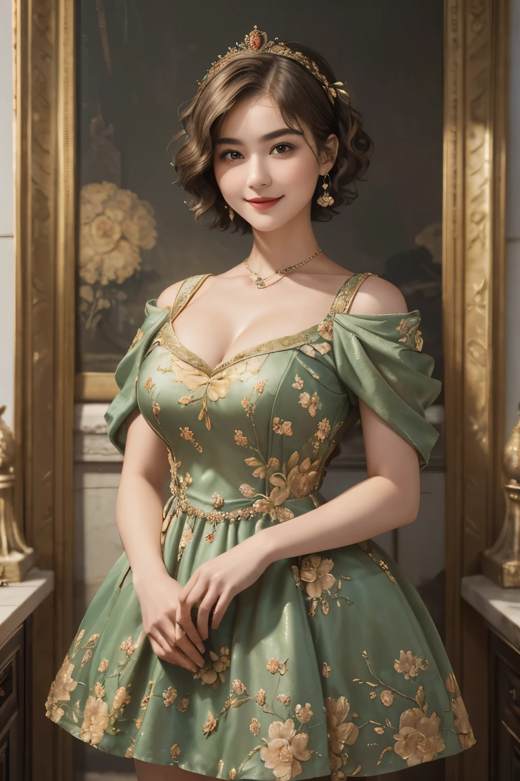 141
(a 20 yo woman,in the palace), (A hyper-realistic), (high-level image quality), ((beautiful hairstyle 46)), ((short-hair:1.46)), (kindly smile), (breasted:1.1), (lipsticks), (is wearing dress), (murky,wide,Luxurious room), (florals), (an oil painting、Rembrandt)