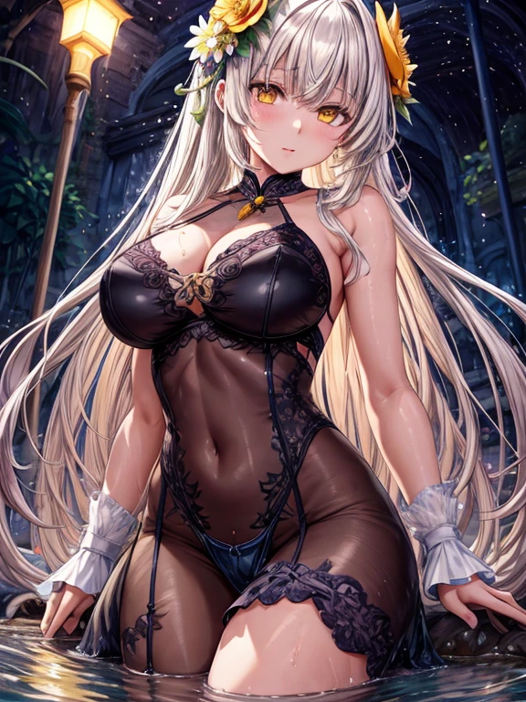 ((Finest quality)),(超A high resolution),(Ultra-detailed細),(Meticulous portrayal),((the most picturesque works of art),Ultra-Precision Art,The art of astounding depiction,Fantasyart:1.5, ((((Beautiful flowers々:1.5))), ((Body eroded by flowers:1.3)),Glamorous body:1.3,fancy background effects、masterpiece、Fancy details、(NSFW 1.1), ((1girl in)), ((masutepiece)), ((Highly detailed:1.3)), In crystal clear water,beautiful woman entering the lake, ((long yellow hair)), Wet hair, Wearing a light transparent dress, clothed bathing, steam, (colors floating in water々Nahana:1.8), Early morning light, Ivory Gold AI, windows, Crepscular lighting, 、Lace sheer underwear、very very gigantic boobs、See-through nipples、Areola showing through、lace and string shorts.、princess carry,Sexy lingerie with lace and strings,See-through sexy lingerie,Transparent lingerie、translucent dress、pearlsescent、pearls、Sexy Harness、Sexy garter belt、Sexy Stockings、Well equipped,intimate, rose garden、Multicolored roses、lake with floating roses、Lying down、Open legs、Spread your legs、Open thighs、Immersion in water、Wet body、splash water、ゴージャスNahanaの装飾、大きNahana、stylish hair、Moon, lantern, Night, Solo, playing in the water, Water, hair flower, flower, Outdoors, skyporn, full Moon, Rain, lantern, wet clothes, skyporn, wet hair (((masutepiece),(the Extremely Detailed CG Unity 8K Wallpapers),Best Quality,Cinematic lighting,Detailed background,Beautiful detailed eyes,Bright pupils, (extremely delicate and beautiful),(Beautiful and detailed eyes description), Ultra-detailed,masutepiece,)),((Yellow eyes))、