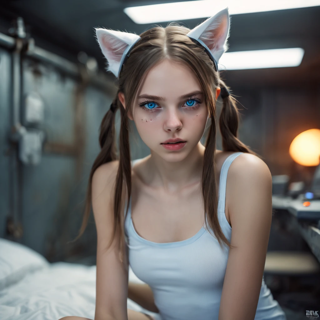 Russian girl,  sitting on a bed,  in a cyberpunk steel bunker with hatches etc.,  in the background. she is wearing white cats ears. She has twintail hairstyle. 16 years old girl,  slim petite,  small girl,  beautiful breasts. Masterpiece,  8k,  4k,  high resolution,  dslr,  ultra quality,  sharp focus,  tack sharp,  dof,  film grain,  Fujifilm XT3,  crystal clear,  8K UHD,  highly detailed light blue eyes,  high detailed skin,  skin pores,  seductive,   look,  bewitching lady with beautiful long hair,  brown eyes,  full lips,  long legs,  lovely face wearing torn vaultsuit clothes. , realistic colors, realistic, photorealistic