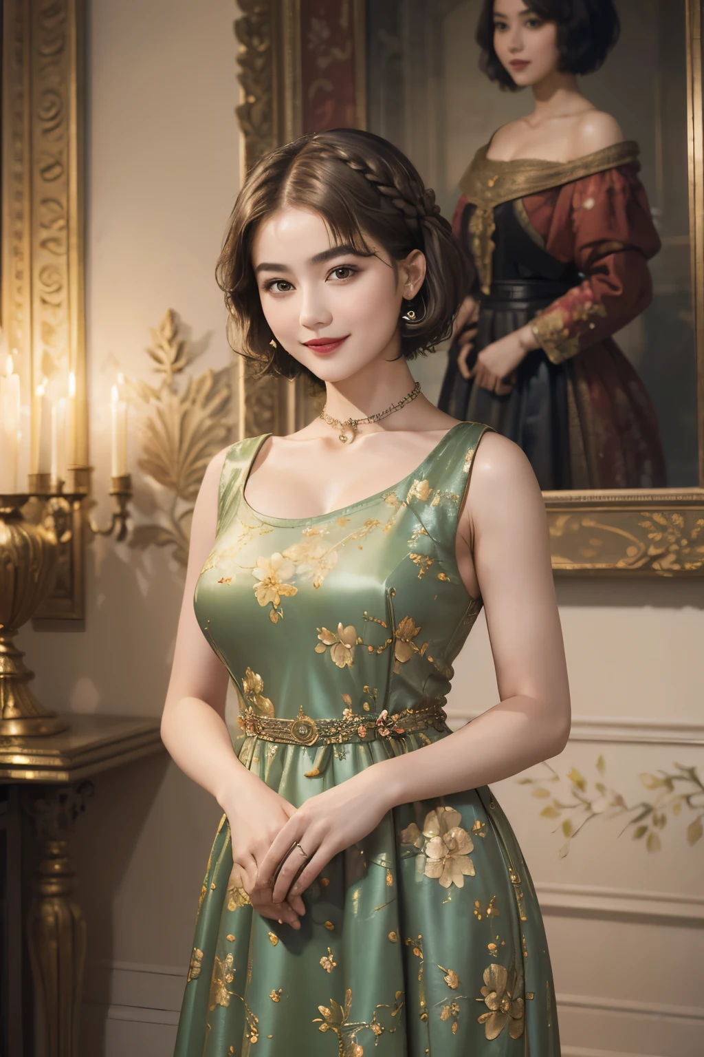 141
(a 20 yo woman,in the palace), (A hyper-realistic), (high-level image quality), ((beautiful hairstyle 46)), ((short-hair:1.46)), (kindly smile), (breasted:1.1), (lipsticks), (is wearing dress), (murky,wide,Luxurious room), (florals), (an oil painting、Rembrandt)