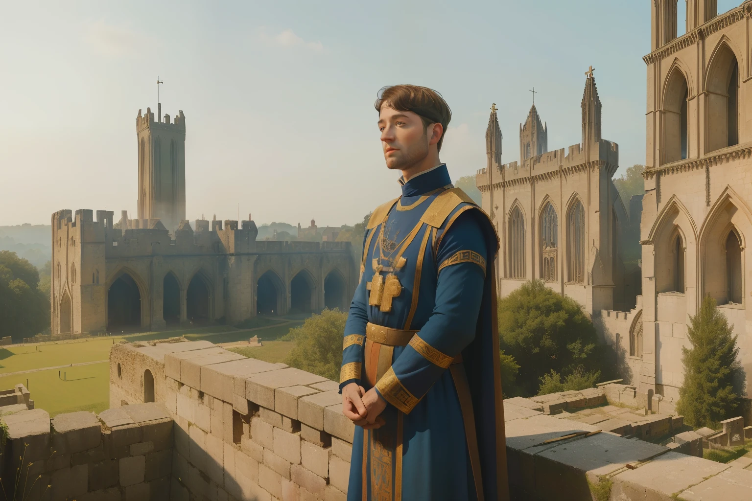 1143, Kingsbridge, England. otherworldly scene in a medieval monastery, outdoors, ((((34-year-old)) Richard Rankin)), monk, staring at the front side otside of an incomplete cathedral, construction in progress, demolished building, rubble, ((((tunic from the 12th century)))), ((Hairstyle of the 12th century)), ((Wes Anderson cinematic style)), colorful